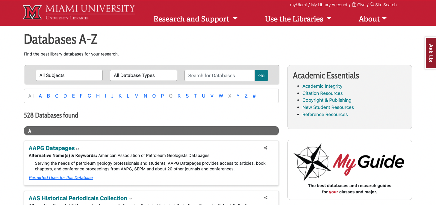 screenshot of Miami University Libraries A-Z databases page