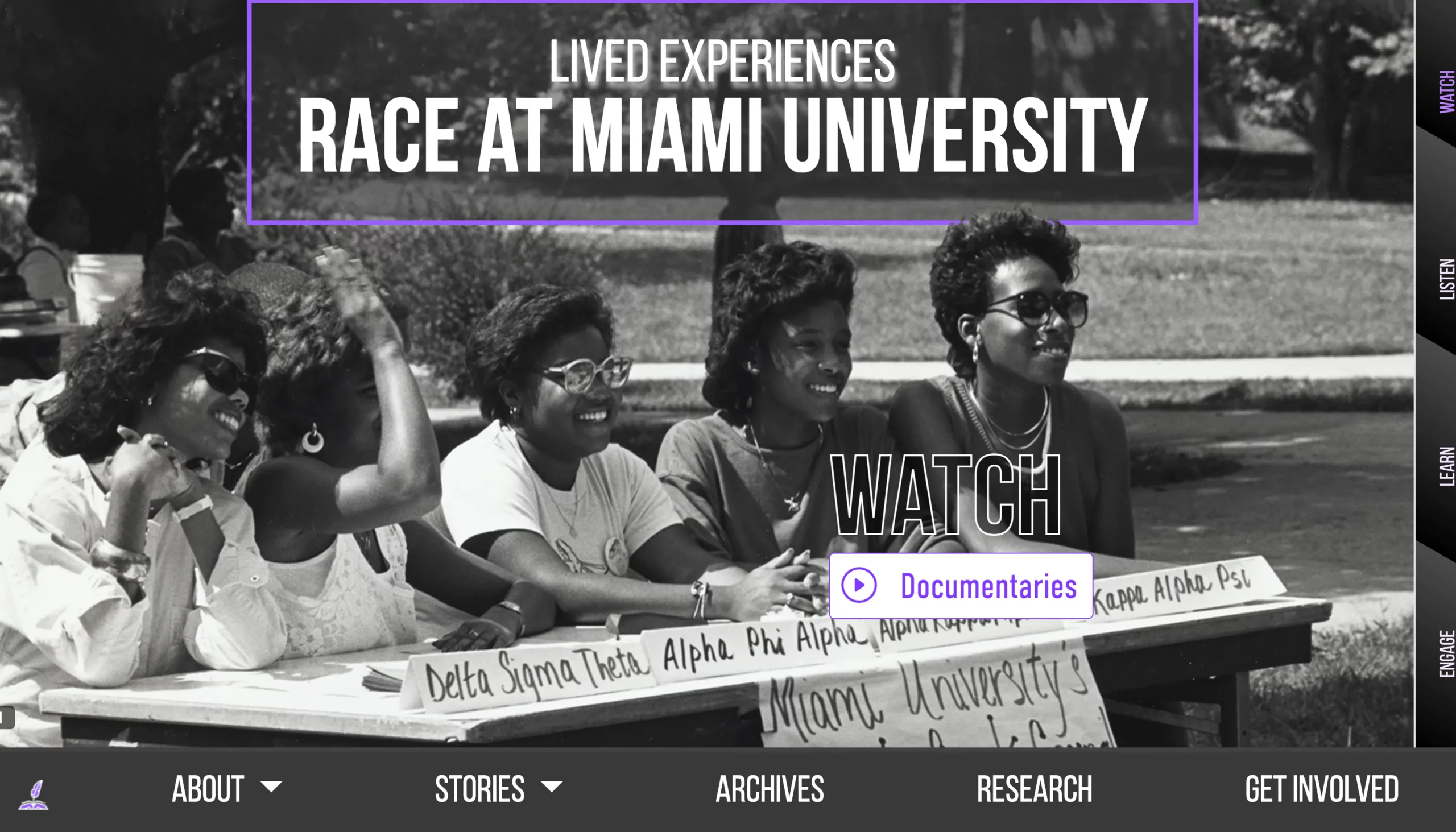 Lived Experiences website homepage screenshot. Features image of students of a Black sorority at Miami University