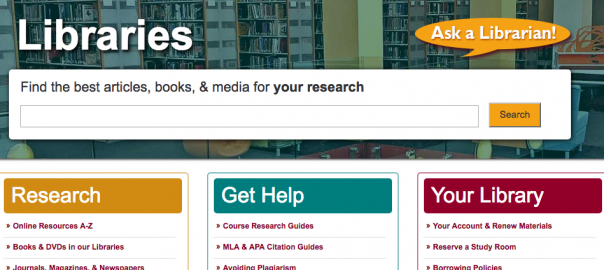 MCCC Libraries homepage screenshot featuring sections for research, getting help, and about the libraries