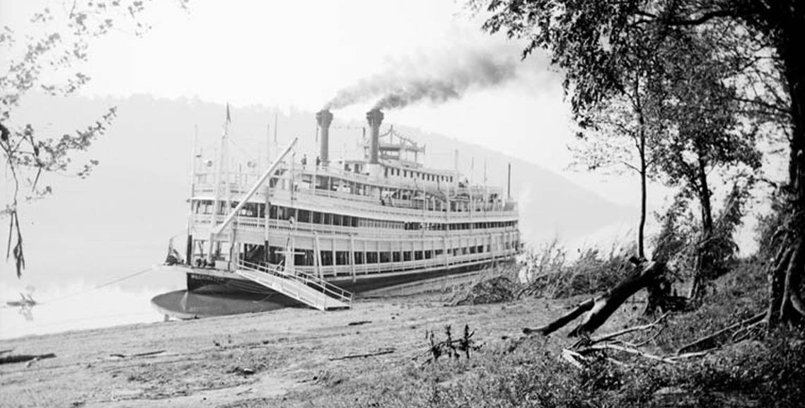 Historic photo of a riverboat docked at Madison, Indiana, on the Ohio River from the Lemen photo collection